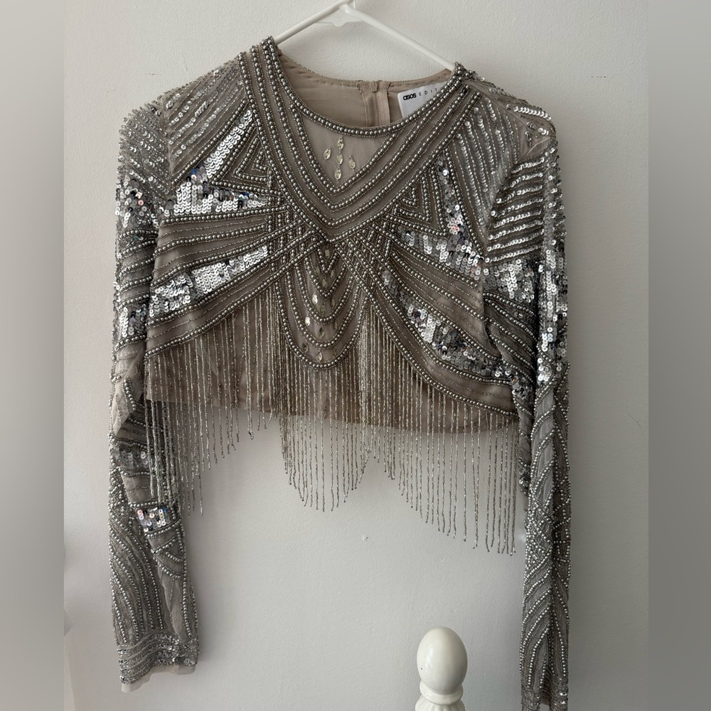 ASOS silver-Beaded Fringe Festival/Rave Cropped Top